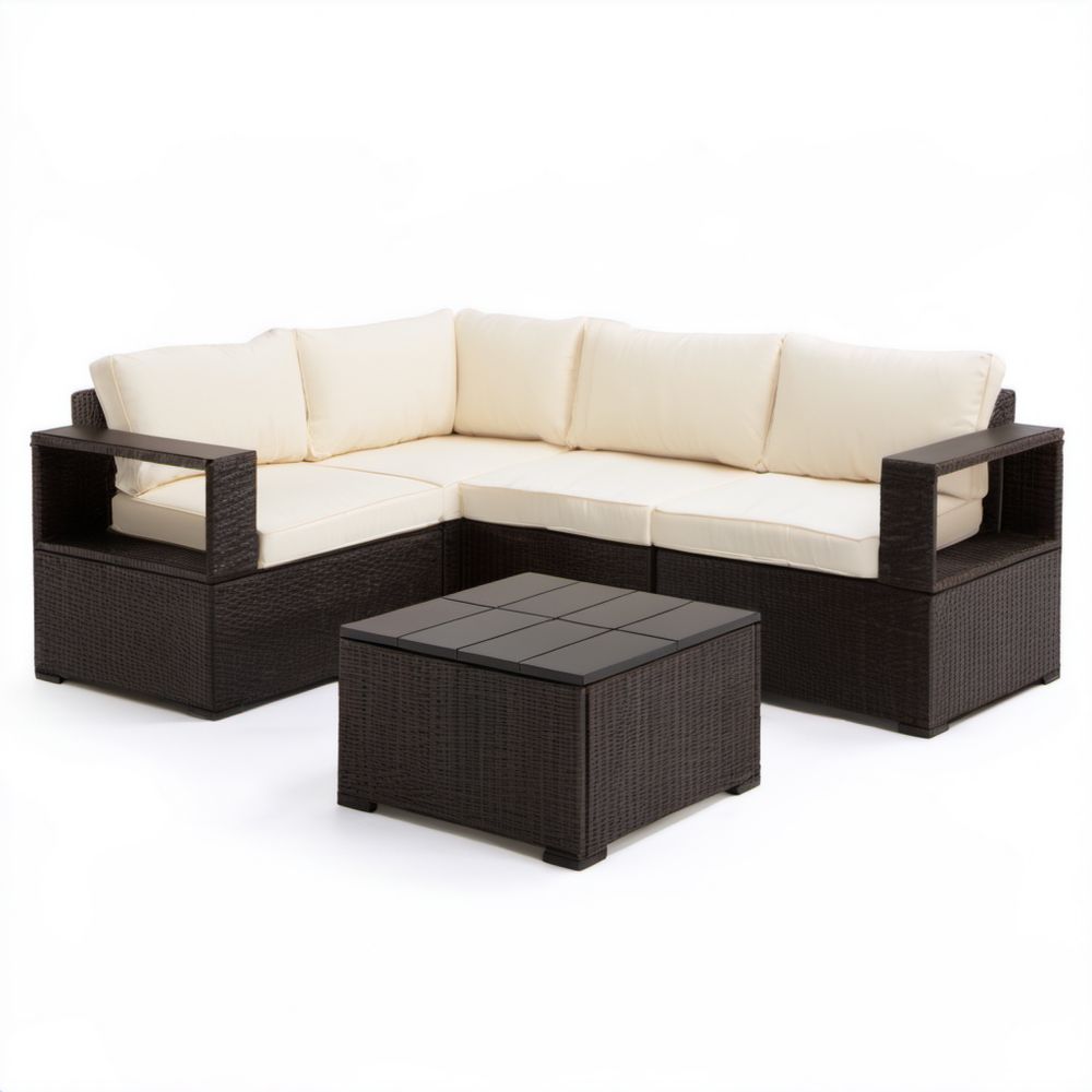 Ogrodowy zestaw mebli z technorattanu – 5-osobowa sofa narożna 220 × 220 × 65 cm ze stolikiem 70 × 70 × 35 cm, brązowy/kremowy