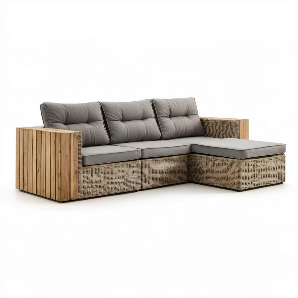 Narożna sofa ogrodowa 3-osobowa z prawostronnym szezlongiem, szara/beżowa/brązowa, z technorattanu PE i drewna akacjowego, 235 x 150 x 78 cm