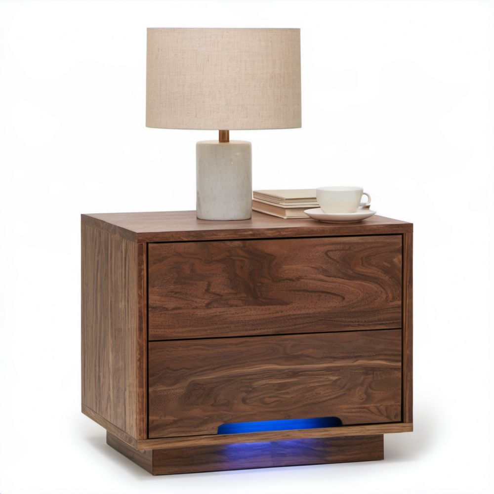 Brązowa szafka nocna z 2 szufladami z płyty MDF z okleiną orzechową i oświetleniem LED, 50 x 40 x 55 cm