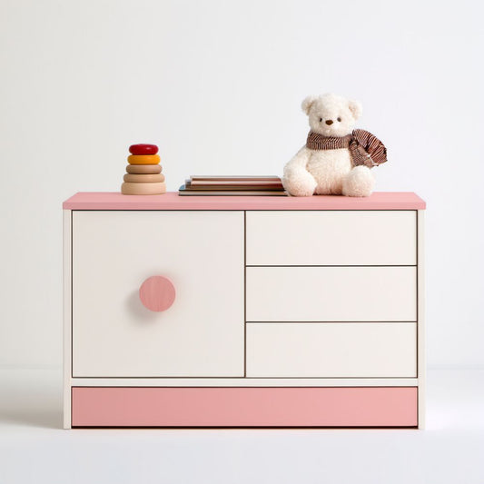 Komoda dziecięca MDF z 4 szufladami i szafką, biało-różowa, 100 x 40 x 80 cm